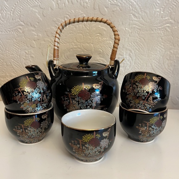 Vintage Japan Tea set black gilded floral bird teapot set with 5 gold trim cups - Picture 4 of 14